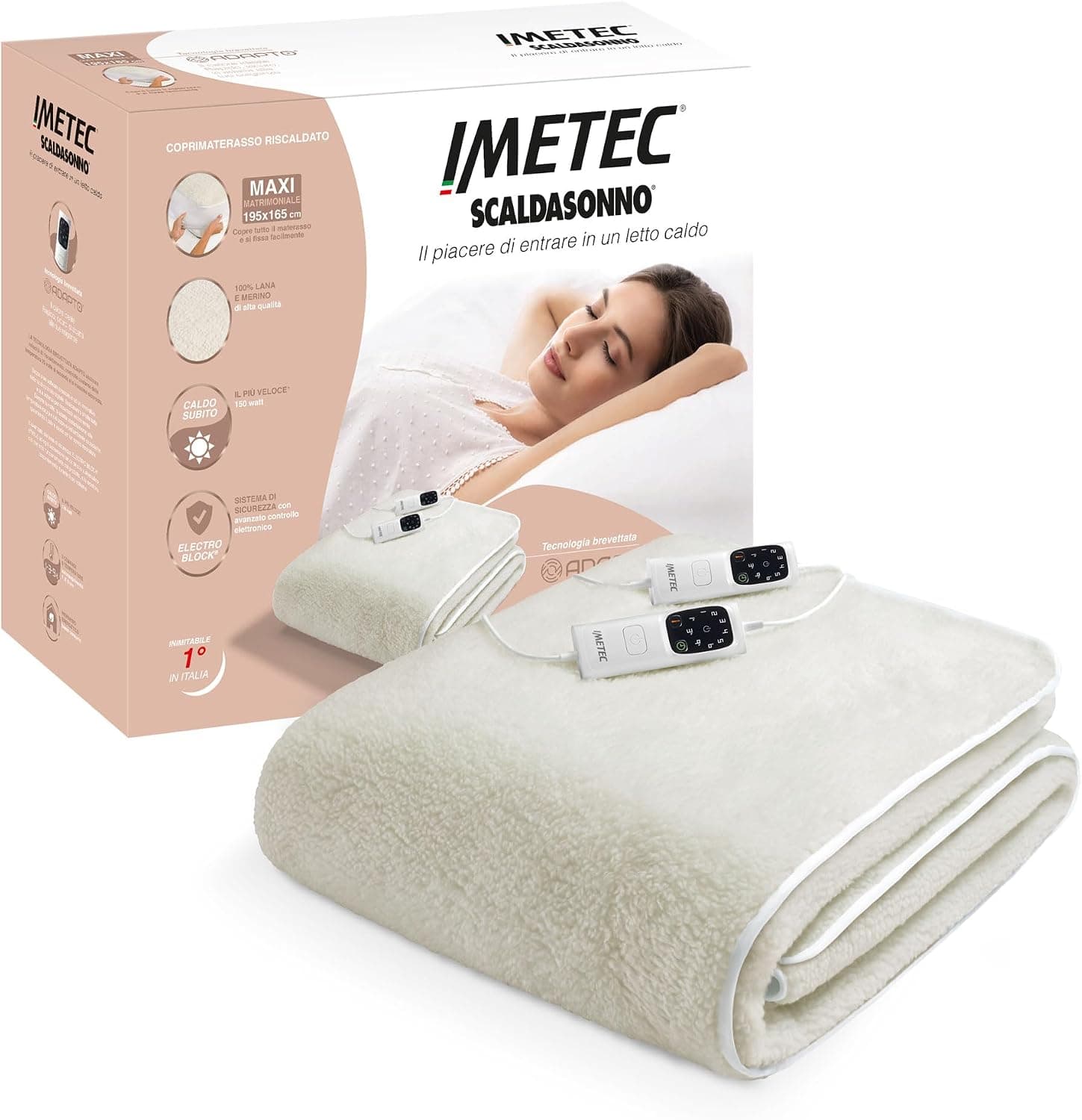 Imetec Scaldasonno Adapto – Scaldaletto matrimoniale 195x165 lana merino