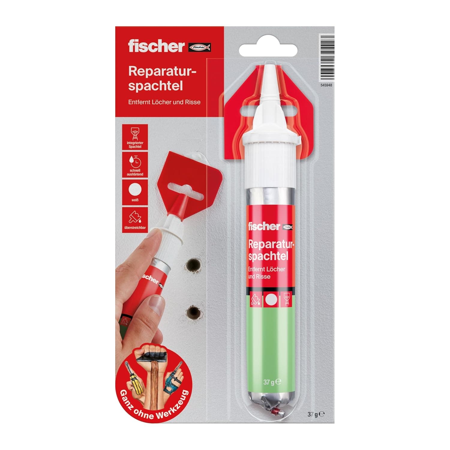 Fischer REPAIR SPATZTEL, 1 spatola di riparazione, 70 ml, riempie i fori, ripara le crepe, si indurisce rapidamente, senza attrezzi, 545948 prodotto assortito