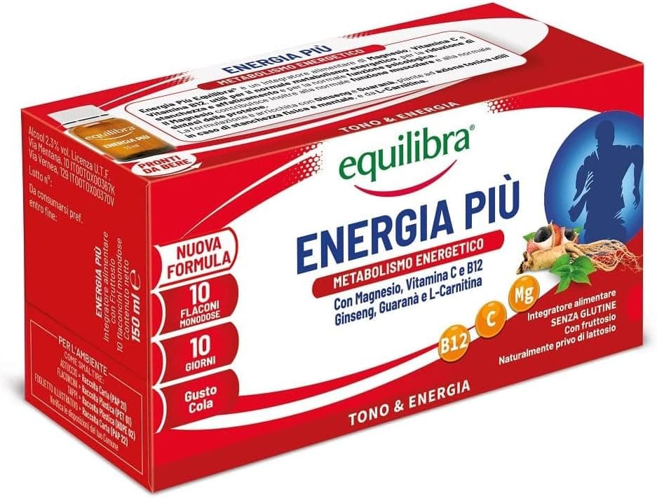Equilibra Integratori Alimentari, Energia Più, Integratore con Magnesio, Vitamina C, Vitamina B12, Ginseng, Guaranà e L-Carnitina, Gusto Cola, Senza Glutine, 10 Flaconcini Pronti da Bere