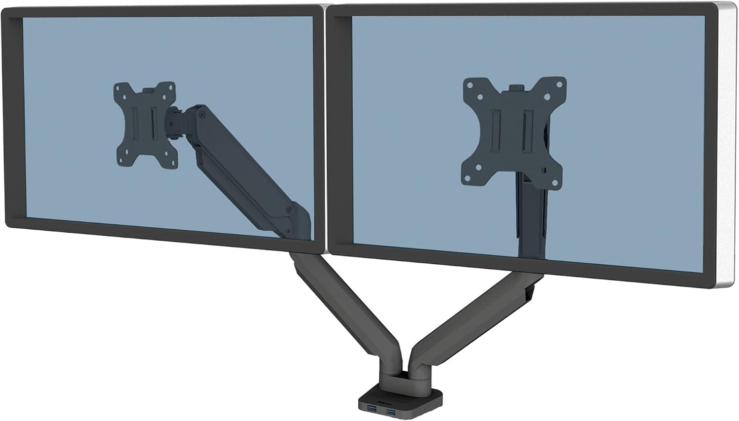 Fellowes Braccio monitor doppio Platinum Series, con molle a gas, con funzioni di oscillazione, inclinazione, rotazione, 2 porte USB, dimensioni massime monitor 27" (9 kg), colore nero