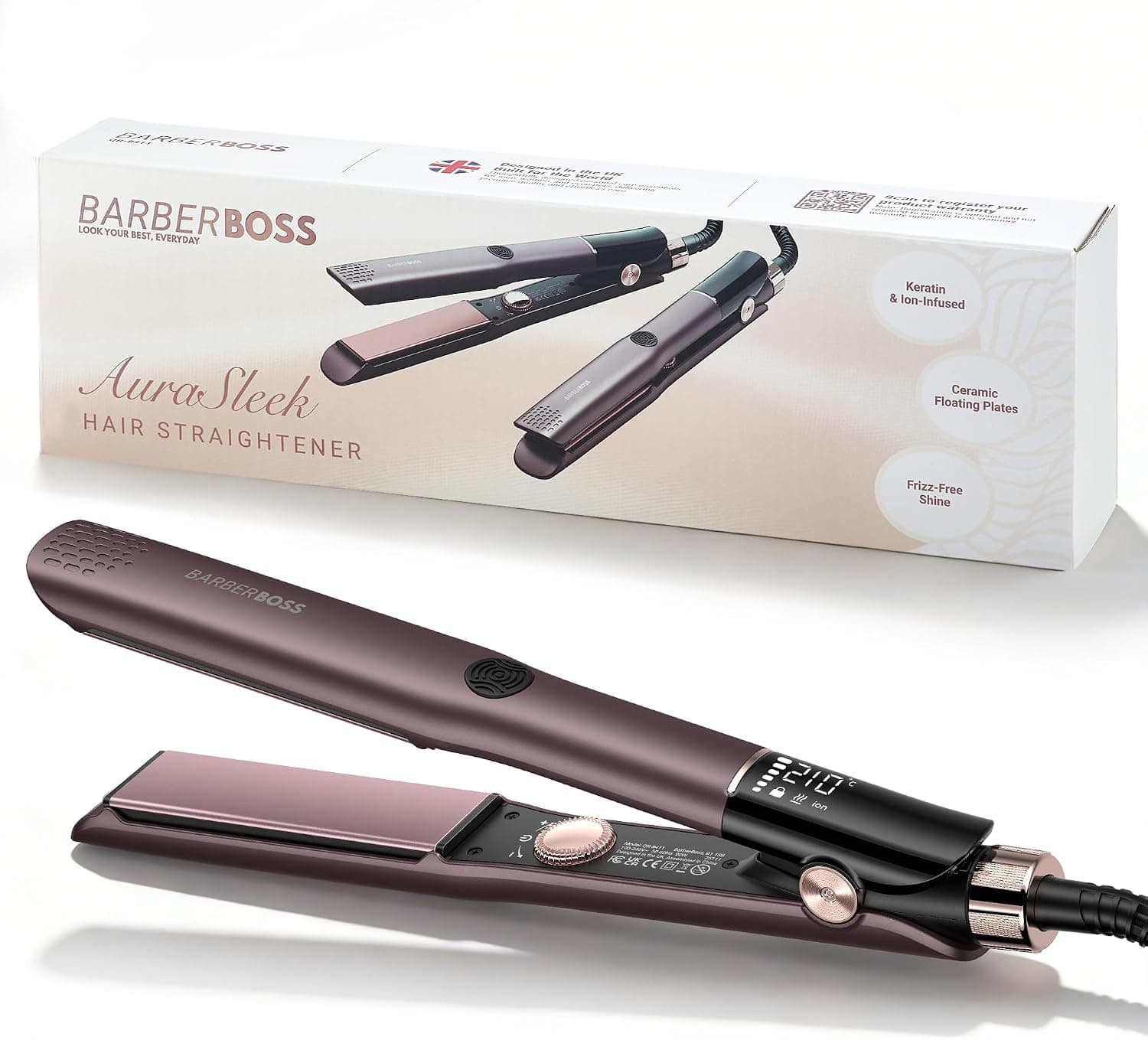 BarberBoss Piastra professionale per capelli in ceramica con piastre mobili, tecnologia ionica e cheratina per tutti i tipi di capelli, piastra per capelli lisci (QR-8411, viola)
