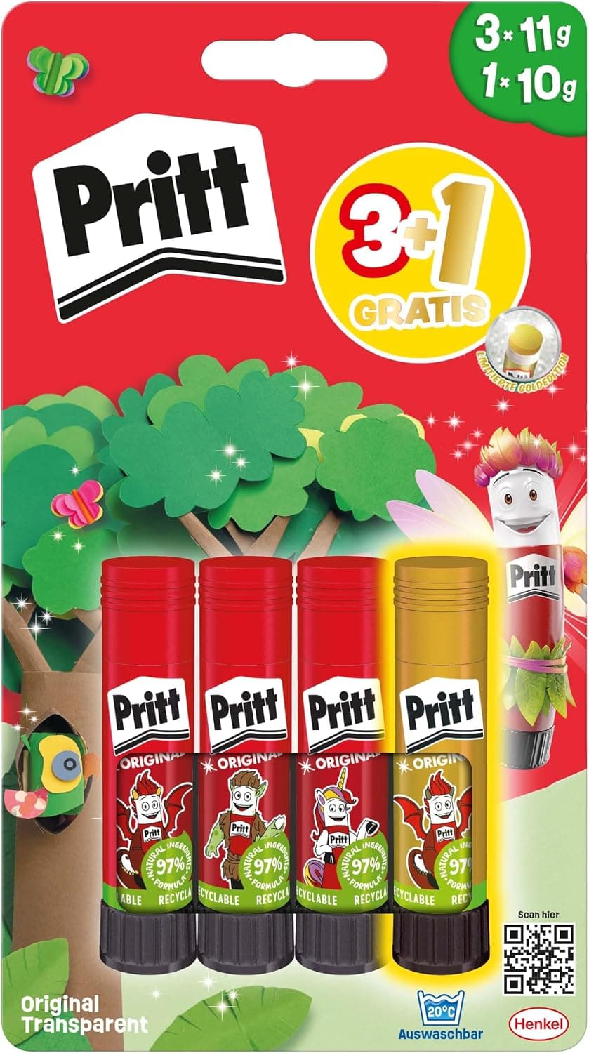 Pritt Colla stick di design, colla sicura e adatta ai bambini, per lavori di arte e artigianato, colla forte per la scuola, 3 x 11 g originale e 1 penna colorata Pritt da 10 g, 9H PBS4B